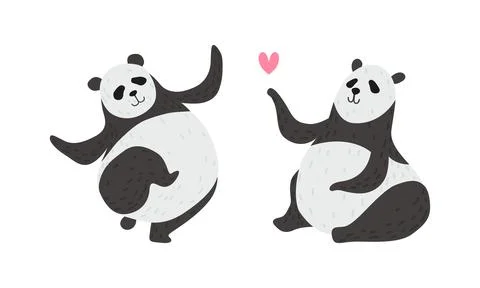 Panda Bear with Black-and-white Coat and Rotund Body Dancing and Sending Heart Stock Illustration
