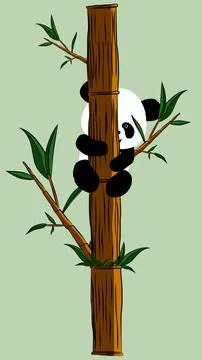 Panda bear cub climbs bamboo trunk with bamboo branches and green leaves Stock Illustration
