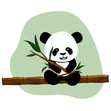 Panda bear cub sits on bamboo trunk with bamboo branches with green leaves Stock Illustration