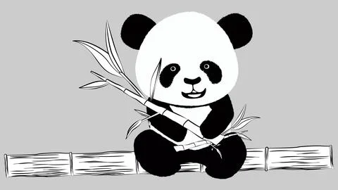 Panda bear cub sits on bamboo trunk with bamboo branches with leaves Stock Illustration