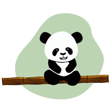 Panda bear cub sits on bamboo trunk isolated on white background. Clipart Stock Illustration