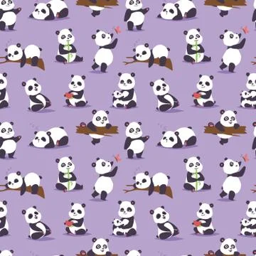 Panda bear cude character different pose vector seamless pattern Stock Illustration
