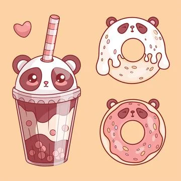 Panda bear. Cute glass of Bubble Tea with straw and sweet donut with glaze .. Stock Illustration