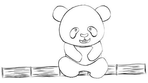 Panda bear outline sits on bamboo trunk isolated on white background. Clipart Stock Illustration