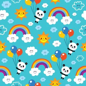 Panda bear rainbows clouds sky kids seamless pattern Illustrazione stock