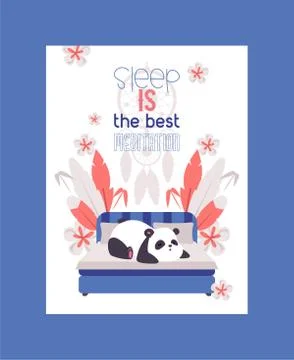 Panda bear sleeping on bed in room poster vector illustration. Sleep is best Stock Illustration