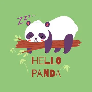 Panda bear sleeping on tree branch banner vector illustration. Asian rainforest Stock Illustration