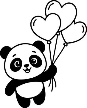Panda bear stands while gripping three heart shaped balloons Stock Illustration
