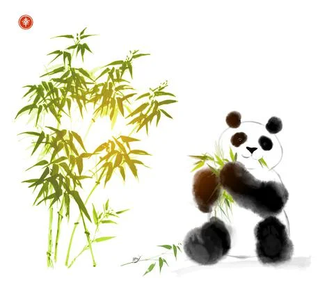 Panda bear under bamboo tree. Traditional oriental ink painting sumi-e, u-sin Stock Illustration
