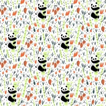 Panda bears and bamboo branches leaves and fruit seamless pattern Stock Illustration