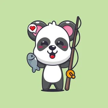 Panda cartoon vector illustration catching fish with fishing rod Stock Illustration