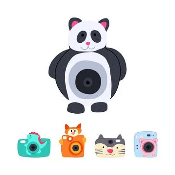 Panda character playing with children digital cameras Stock Illustration