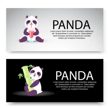 Panda characters set of banners vector illustration. Chinese bear newborn happy Stock Illustration