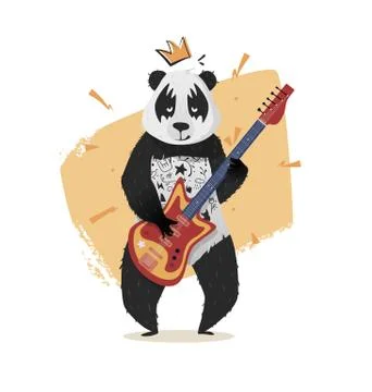 Panda with a crown plays guitar. Stock Illustration