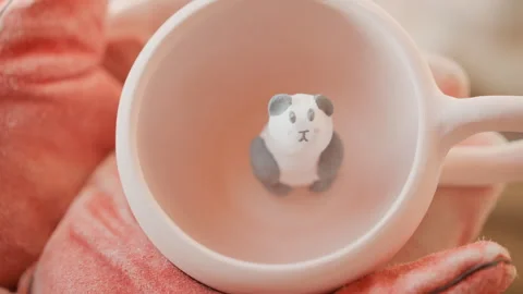 Panda in Cup. Handcrafted Clay Panda Peacefully Nestled in Pink Mug Stock Footage 342283193