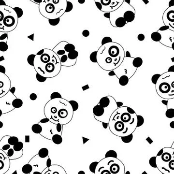 Panda, cute cartoon seamless pattern black and white background Stock Illustration