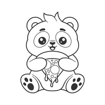 Panda eating pizza while sitting for coloring Stock Illustration