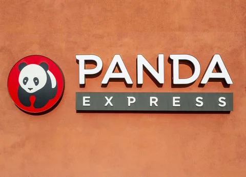 Panda Express building store front exterior Aerial angle close up sign logo  Stock Photos