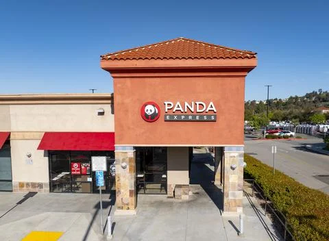 Panda Express building store front exterior Aerial straight wide view Stock Photos