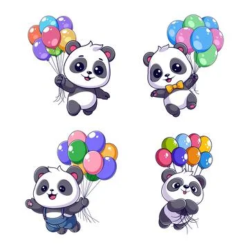 Panda flying with many balloons, package design Stock Illustration