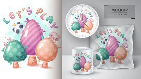 Panda, kitty, rabbit in the tree poster and merchandising. Stock Illustration