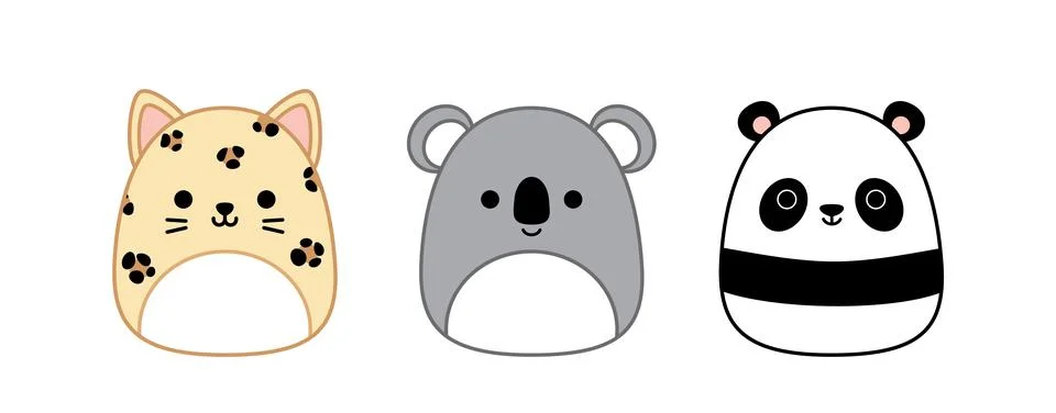 Panda, koala bear, leopard. Squishmallow. Cute soft plush toy Pillow Cartoon Stock Illustration