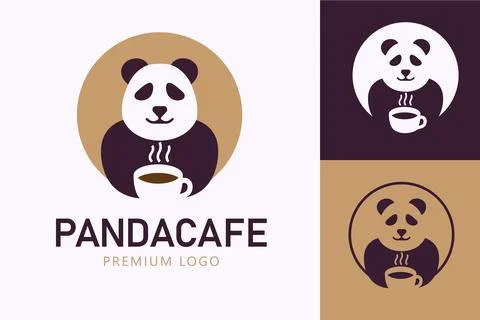 Panda logo with cup of coffee. Negative space minimal logo design concept Stock Illustration