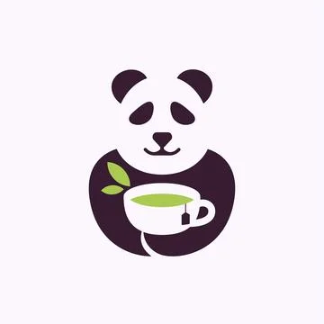Panda logo holding cup of tea. Negative space minimal logo design concept Stock Illustration