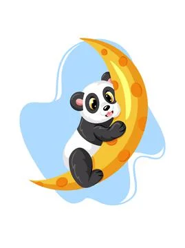 Panda lying on the Crescent moon sketch vector graphics monochrome drawing Stock Illustration