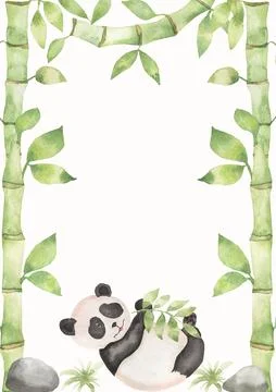 Panda lying on the ground with bamboo, surrounded by bamboo branches, hand .. Stock Illustration