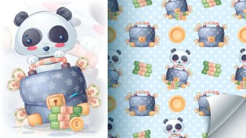 Panda with money - seamless pattern Stock Illustration