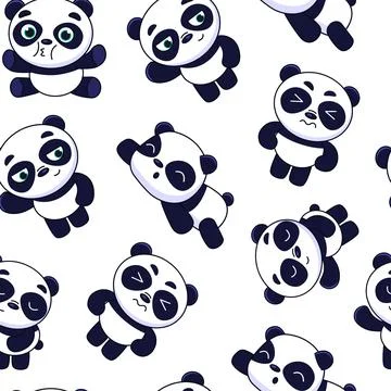 Panda pattern. Seamless background with cute baby bear. Fun animal face and f Illustrazione stock
