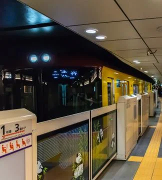 Panda platform screen doors of Tokyo metro subway Ueno station. Stock Photos
