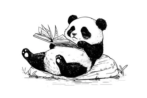 Panda reading a book hand drawn ink sketch. Vector illustration. Stock Illustration