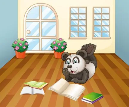 A panda reading inside the house Stock Illustration