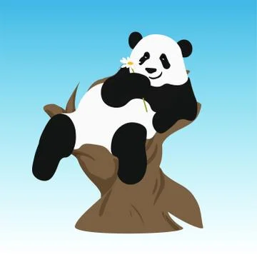 Panda resting on a tree holds a camomile in his paw Stock Illustration