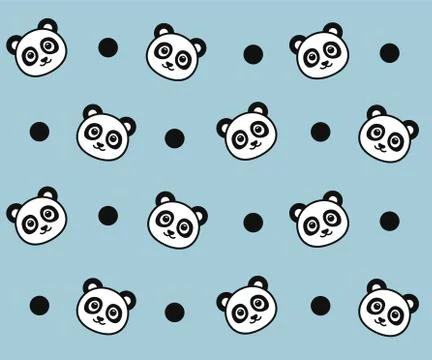 Panda seamless pattern with black dots on blue backround. Cute animal background Stock Illustration