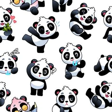 Panda seamless pattern. Cute little bamboo bears, funny china animals with Stock Illustration