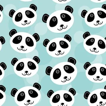 Panda seamless pattern with funny cute animal face on a blue background Stock Illustration