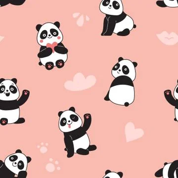 Panda seamless pattern. Happy cute flying panda bears, adorable chinese wild zoo イラスト素材