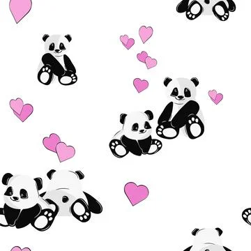Panda seamless pattern with hearts. Different positions. Stock Illustration