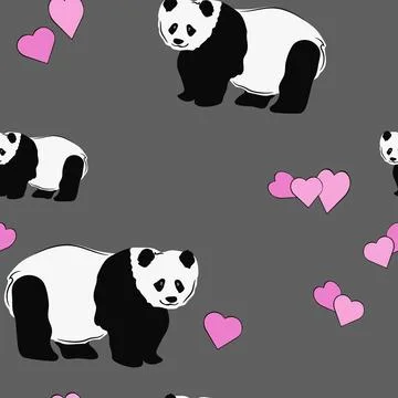 Panda seamless pattern with hearts. Illustrazione stock