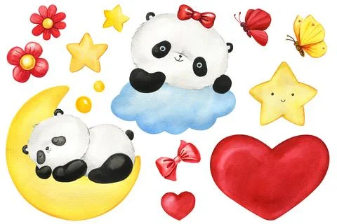 Panda set, animal sleeping, cloud, moon and star hand drawn watercolor. Cute Ilustração Stock