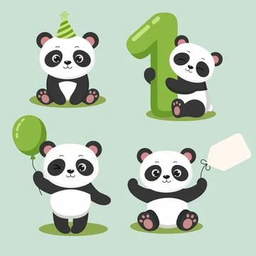 Panda set for Birthday invitations. Birthday greeting card illustration Stock Illustration
