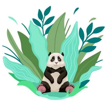 Panda sits among the plants. Cute children illustration. Vector drawing Illustrazione stock