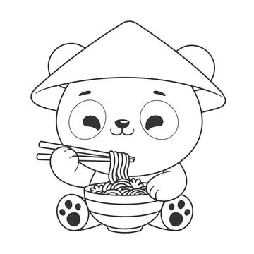 Panda sits and eats ramen using chopsticks for coloring Stock Illustration
