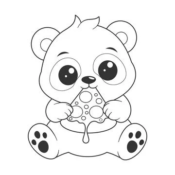 Panda sitting and eating pizza for coloring Stock Illustration