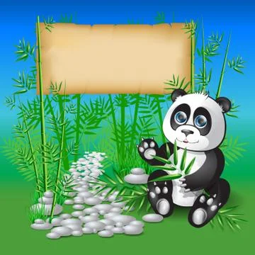 Panda sitting in bamboo branches and holding Stock Illustration