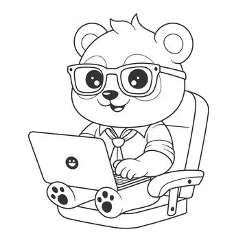 Panda sitting on a chair while playing on a laptop for coloring Stock-Illustration