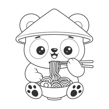 Panda sitting eating ramen for coloring Stock Illustration